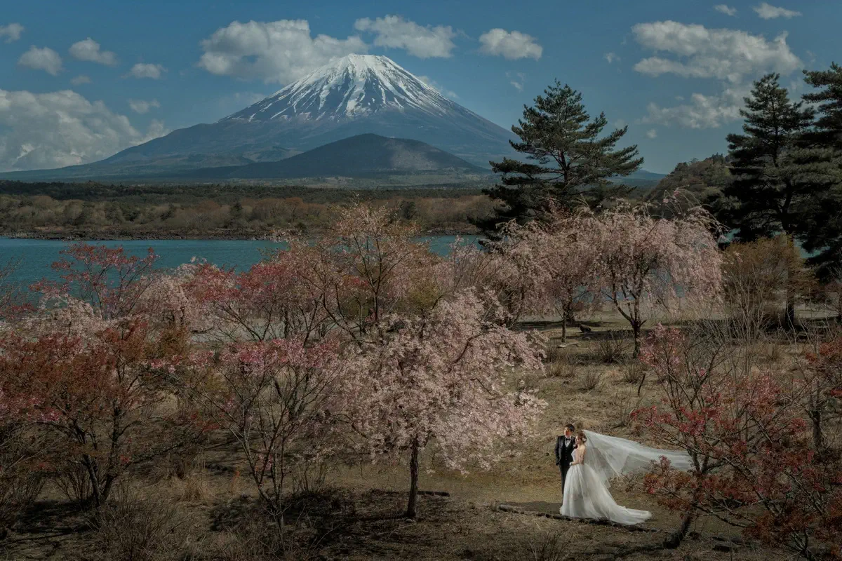 緑に囲まれた瑞泉寺庭園での洋装ウェディングフォト。鎌倉の静かな環境で前撮り撮影