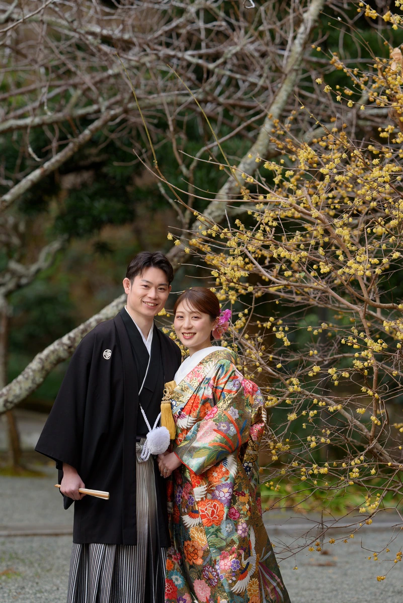 鎌倉の緑深い山奥で、色打掛の新郎新婦が印象的な階段を背景に和装前撮りを行うウェディングフォト