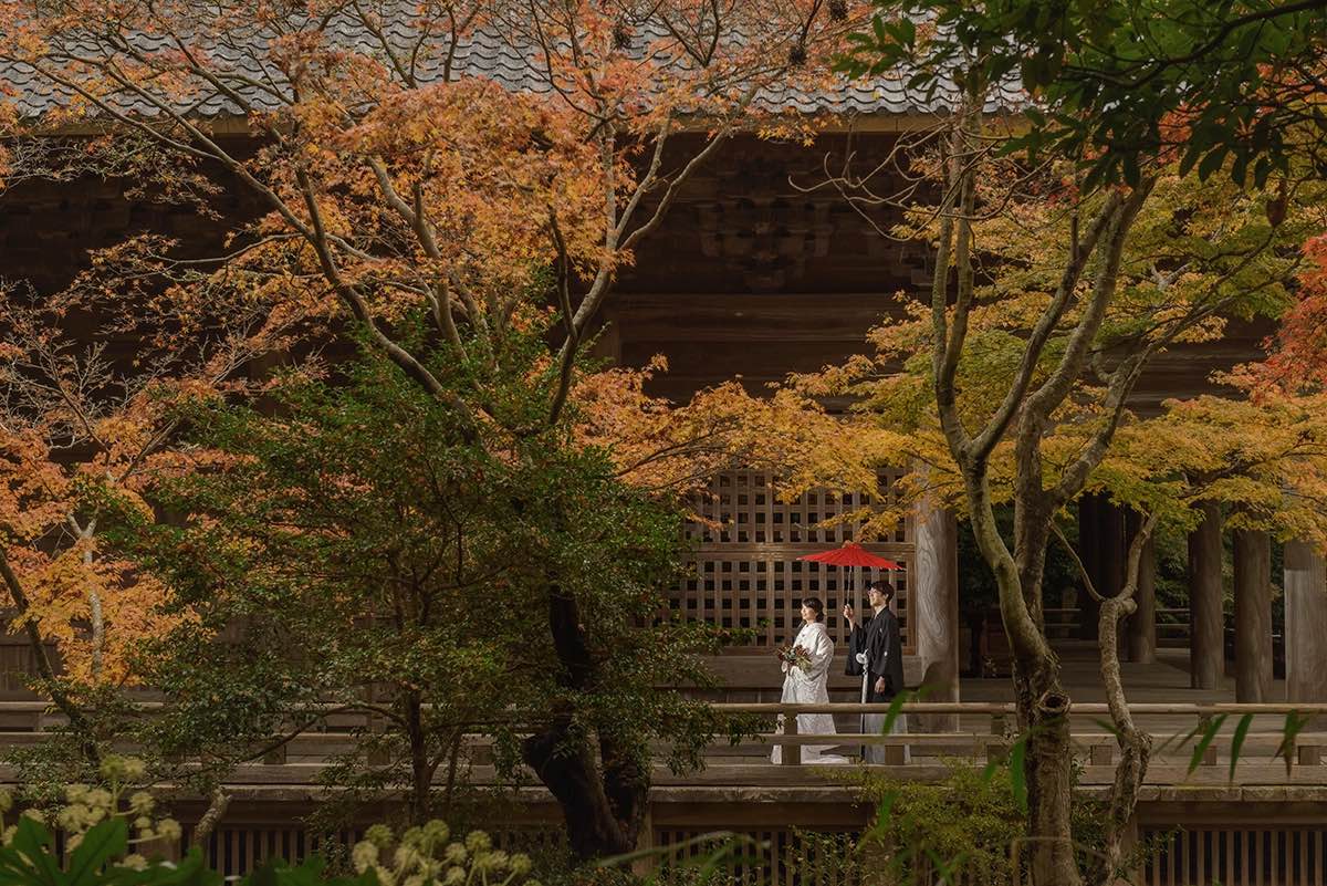 鎌倉・妙本寺の紅葉に囲まれた和装の新郎新婦が前撮りした秋のウェディングフォト。