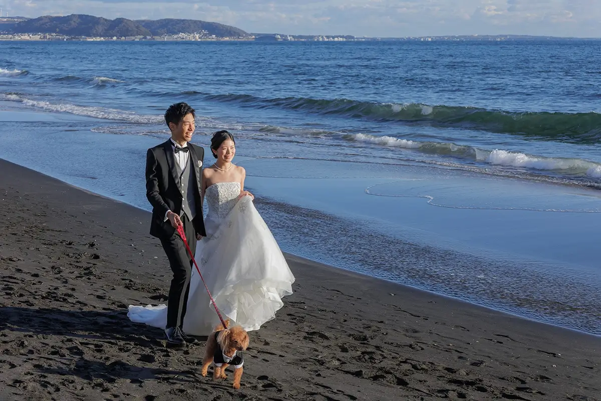 七里ガ浜でペットと新郎新婦