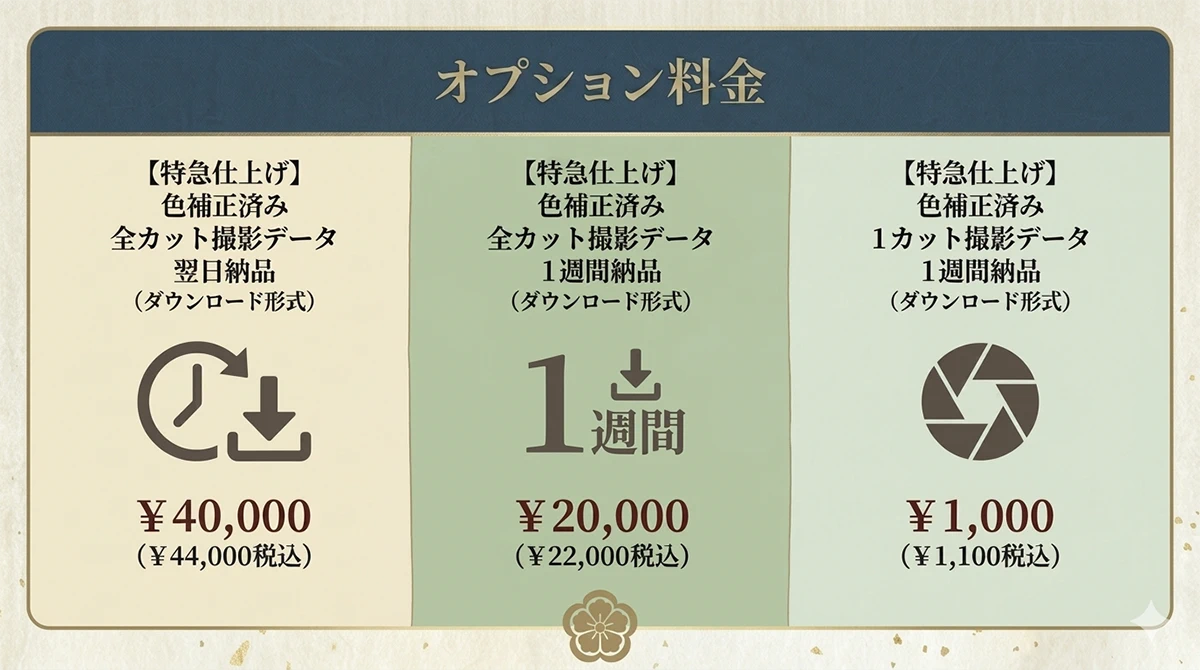 撮影したデータを希望に合わせてオプションで追加できる料金一覧表