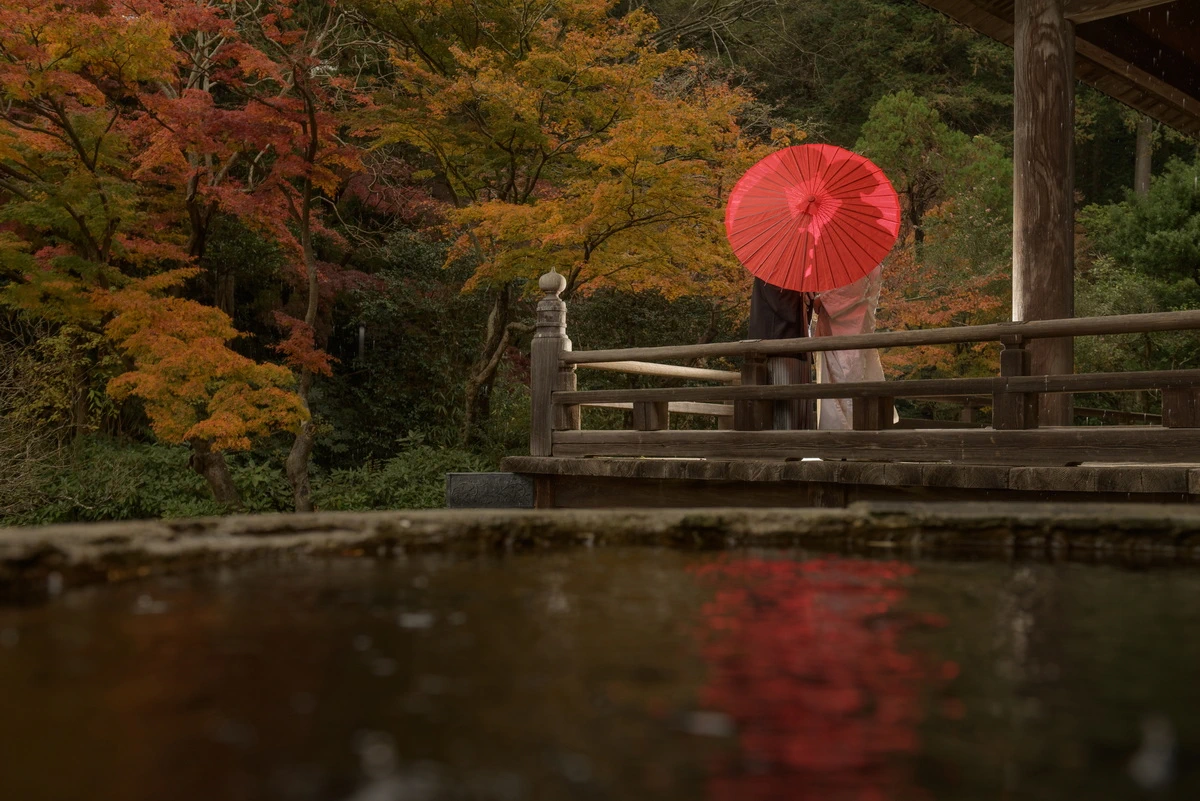 鎌倉・妙本寺の紅葉に包まれた境内で、赤い番傘を手にした新郎新婦を撮影した和装前撮り。秋の風情が美しいフォトウェディング