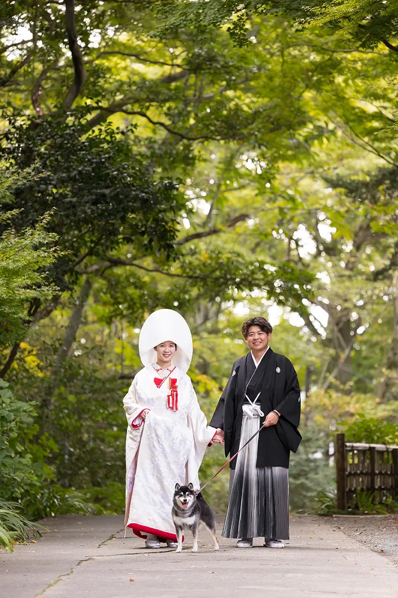白無垢と紋付袴姿の新郎新婦が柴犬と一緒に歩く鎌倉、妙本寺の和装前撮り写真