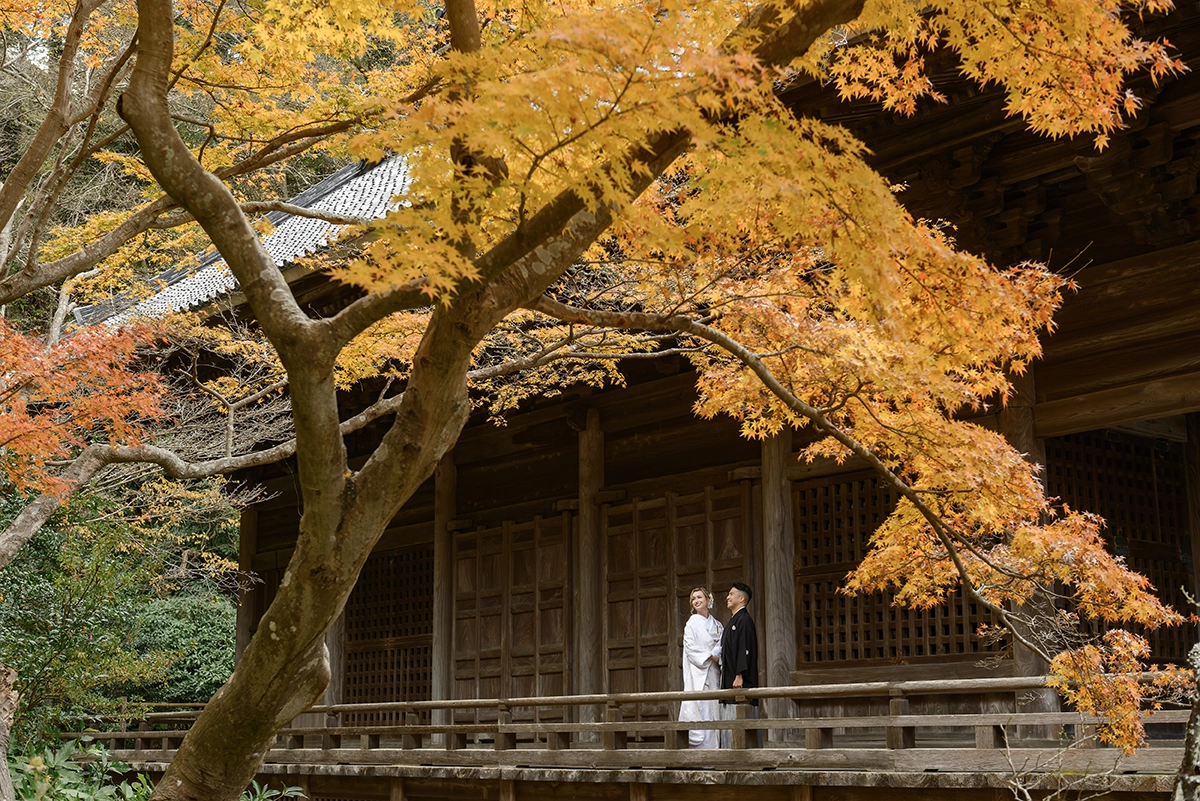 鎌倉・妙本寺の寺院で紅葉に囲まれて和装前撮りを楽しむ新郎新婦