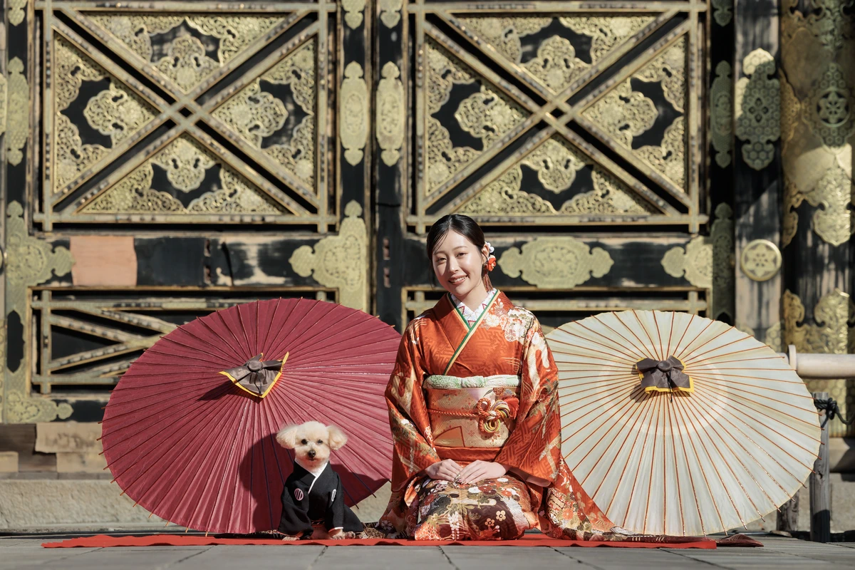 鎌倉の寺院で、橙色の振袖姿の女性が袴姿の愛犬と並んで正座し、赤と白の和傘を添えた成人式前撮り。