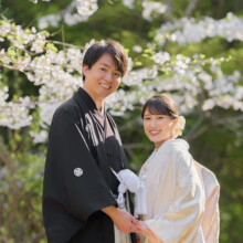鎌倉・建長寺で春に撮影した和装前撮り 鎌倉・建長寺で白無垢を着用した新婦と紋付袴を着用した新郎が桜をともに写る和装前撮り