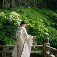 鎌倉・妙本寺で春に撮影した和装前撮り 鎌倉・妙本寺で白無垢を着用した新婦の後ろ姿を写した和装ソロショット