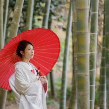 鎌倉・英勝寺で冬に撮影した和装前撮り 鎌倉・英勝寺で白無垢を着用した新婦が番傘を持っている和装ソロショット