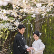 鎌倉・建長寺で春に撮影した和装前撮り 鎌倉・建長寺で白無垢を着用した新婦と紋付袴を着用した新郎が手を取り合っている和装前撮り
