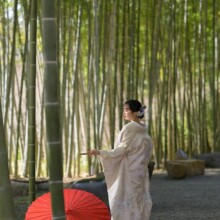 鎌倉・建長寺で春に撮影した和装前撮り 鎌倉・建長寺で白無垢を着用した新婦が後ろ姿を写した和装ウェディングフォト