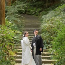 鎌倉・瑞泉寺で秋に撮影した和装前撮り 鎌倉・瑞泉寺で白無垢を着用した新婦と紋付袴を着用した新郎が上を見上げている和装ウェディングフォト