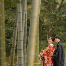 鎌倉・英勝寺で秋に撮影した和装前撮り 鎌倉・竹林のお寺で色打掛を着用した新婦と紋付袴の新郎が遠くの景色を見つめる和装前撮り