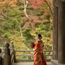 鎌倉・妙本寺で秋に撮影した和装前撮り 鎌倉・妙本寺で色打掛を着用した新婦が背中を見せて写る和装前撮り