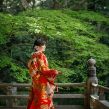 鎌倉・妙本寺で春に撮影した和装前撮り 鎌倉・妙本寺で色打掛を着用した新婦が後ろ姿で写る和装前撮り