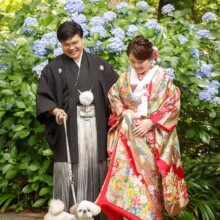 鎌倉・妙本寺で夏に撮影した和装前撮り 鎌倉・妙本寺で色打掛を着用した新婦と紋付袴を着用した新郎が愛犬と紫陽花と一緒に写る和装前撮り