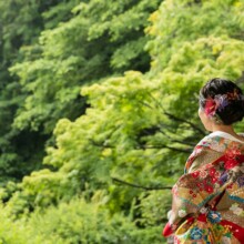 鎌倉・妙本寺で夏に撮影した和装前撮り 鎌倉・妙本寺で色打掛を着用した新婦が遠くを見つめている和装ウェディングフォト