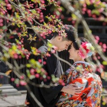 鎌倉・妙本寺で春に撮影した和装前撮り 鎌倉・妙本寺で色打掛を着用した新婦と紋付袴を着用した新郎が額を近づけて写る和装前撮り