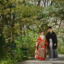 鎌倉・妙本寺で春に撮影した和装前撮り 鎌倉・妙本寺で色打掛を着用した新婦と紋付袴を着用した新郎が寄り添って歩いている和装前撮り