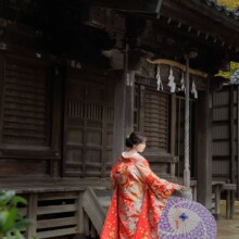 鎌倉・鎌倉本店の隣の神社で秋に撮影した和装前撮り 鎌倉・鎌倉本店の隣の神社で色打掛を着用した新婦が扇子を持って後ろ姿で写る和装前撮り