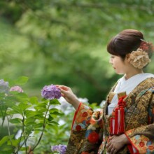 鎌倉・妙本寺で夏に撮影した和装前撮り 鎌倉・妙本寺で色打掛を着た新婦が紫陽花に触れている和装ウェディングフォト