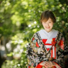 春に撮影した和装前撮り 色打掛を着用した新婦がほほ笑んでいる和装前撮り