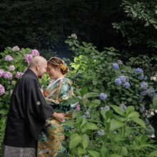 鎌倉・妙法寺で夏に撮影した和装前撮り 鎌倉・妙法寺で色打掛を着用した新婦と紋付袴を着用した新郎が紫陽花の中で額を付けて写る和装前撮り