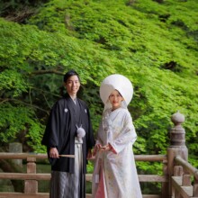 鎌倉・妙本寺で春に撮影した和装前撮り 鎌倉・妙本寺で色打掛を着用した新婦と紋付袴を着用した新郎が写る和装前撮り