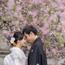 鎌倉・妙本寺で春に撮影した和装前撮り 鎌倉・妙本寺で色打掛を着用した新婦と紋付袴を着用した新郎が額を付けてほほ笑んでいる和装前撮り