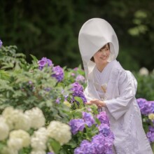 鎌倉・建長寺 2022.06.19 紫陽花に囲まれた白無垢姿の新婦が綿帽子をかぶり微笑む和装前撮り