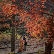 鎌倉・建長寺 2022.12.08 鎌倉の寺院で紅葉に囲まれた和装の新郎新婦が前撮りするフォトウェディングの様子