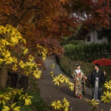 鎌倉・建長寺 2022.12.11 鎌倉の紅葉を背景に色打掛の新郎新婦が番傘を持つ和装フォトウェディング前撮り