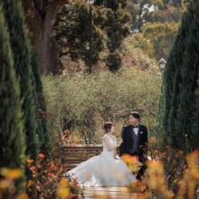 緑の並木道に囲まれた小道で見つめ合う洋装の新郎新婦