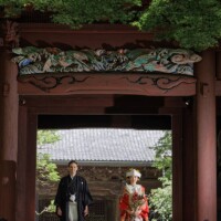 鎌倉・妙本寺 2024.05.03 赤い山門が印象的な妙本寺での和装前撮り。色打掛が映える人気のウェディングフォト。