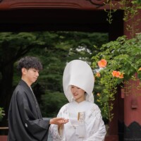 鎌倉・妙本寺 2023.06.21 妙本寺のノウゼンカズラと白無垢姿の新郎新婦が映える和装前撮り。季節感ある和婚フォト。