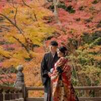 鎌倉・妙本寺 2022.12.21 鎌倉・妙本寺の紅葉に囲まれた和装の新郎新婦が前撮りした秋のウェディングフォト。