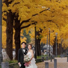日本大通りの銀杏を背景にたつ新郎新婦