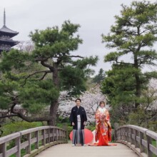 横浜・三溪園 2024.04.06 歴史ある三溪園の三重塔を背に、橋の上で微笑む新郎新婦の和装写真