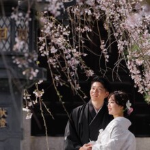 しだれ桜に見守られながら白無垢と紋付袴の新郎新婦が微笑む和装前撮り