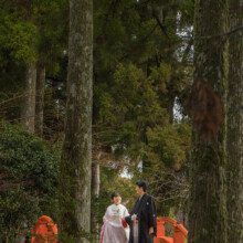 森の中にかかる朱色の橋と、手を取り合い渡る和装の新郎新婦