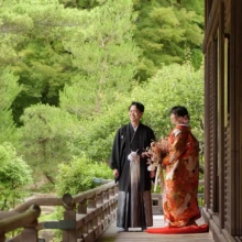 鎌倉・建長寺 2024.06.15 建長寺の歴史ある回廊で、新緑を眺めながら佇む色打掛姿の新婦と紋付袴姿の新郎。初夏の鎌倉で撮影した色打掛前撮り・鎌倉和装前撮りのロケーションフォトです。