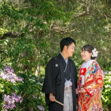 鎌倉・建長寺 2024.06.14 建長寺の紫陽花と新緑を背景に、見つめ合う色打掛姿の新婦と紋付袴姿の新郎。初夏の鎌倉で撮影した色打掛前撮り・鎌倉和装前撮りのロケーションフォトです。