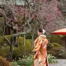 鎌倉・海蔵寺で冬に撮影した和装前撮り 鎌倉・海蔵寺で色打掛を着用した新婦が写る和装前撮り