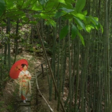 成人式撮影 H様 2021.05.09 檑亭の深い竹林に延びる小径で、赤い和傘を差した振袖姿の成人女性を遠景に配した成人前撮り