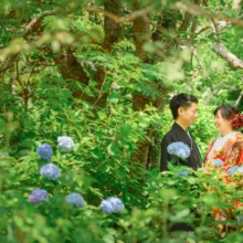 鎌倉 和装 M様・K様 2021.05.30 瑞泉寺の新緑と青い紫陽花に囲まれ、赤を基調とした色打掛の新婦と黒紋付袴の新郎が向かい合う鎌倉前撮り