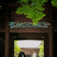 鎌倉 和装 O様・M様 2021.05.31 妙本寺の門を額縁のように配し、白無垢の新婦と黒紋付袴の新郎が白と紫の和傘を挟んで立つ鎌倉和装前撮り
