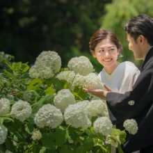 鎌倉 和洋装 H様・S様 2021.06.15 建長寺の白い紫陽花のそばで、白無垢の新婦と黒紋付袴の新郎が向かい合って微笑む鎌倉和装前撮り