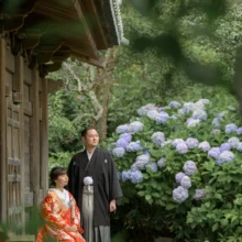 鎌倉 和装洋装 S様・S様 2021.06.25 英勝寺の紫陽花と新緑を背景に、朱赤の色打掛で腰掛ける新婦と黒紋付袴で立つ新郎の鎌倉和装前撮り