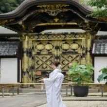 鎌倉 和装 B様・A様 2025.07.12 建長寺の金色装飾が施された唐門前で、白無垢姿の新婦が横向きに立ち、長い裾を石段に広げる