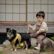 ペット・家族写真 T様 2025.10.24 古民家の庭の岩に腰掛けた幼い子どもが黄色いリードを持ち、その前に黒白の愛犬が立つペットとの家族フォト
