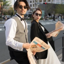 サングラスと新聞を取り入れた、遊び心あふれるウェディングフォト。丸の内の都会的な街並みを舞台に、ふたりらしいファッショナブルな前撮りを楽しめます|縁グラフィの姉妹ブランドLuca 東京・丸の内の街並みを背景に、サングラスと新聞を使ってポーズを決める新郎新婦のウェディング前撮り写真